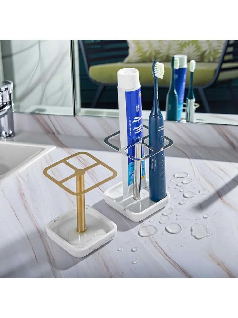 Stylish Gold Toothbrush Holder - Space-Saving Bathroom Organizer with Storage